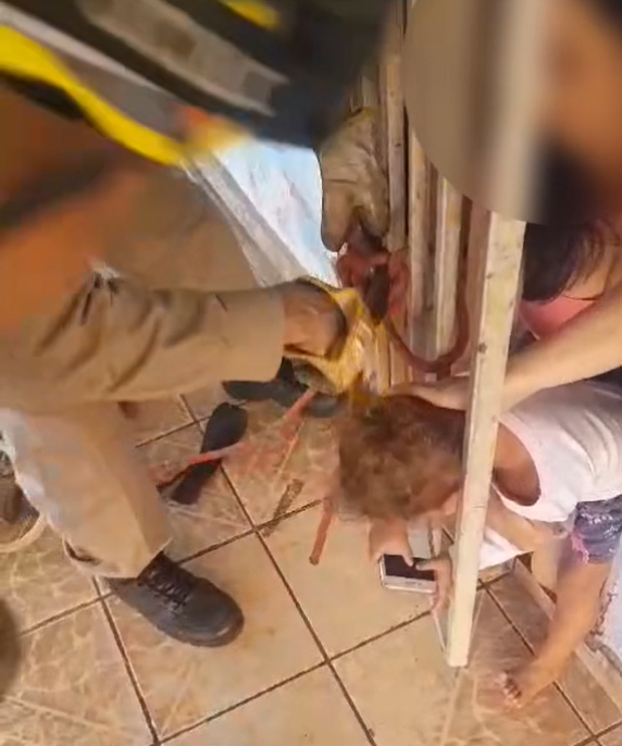 Bombeiros resgatam criança com cabeça presa em grade