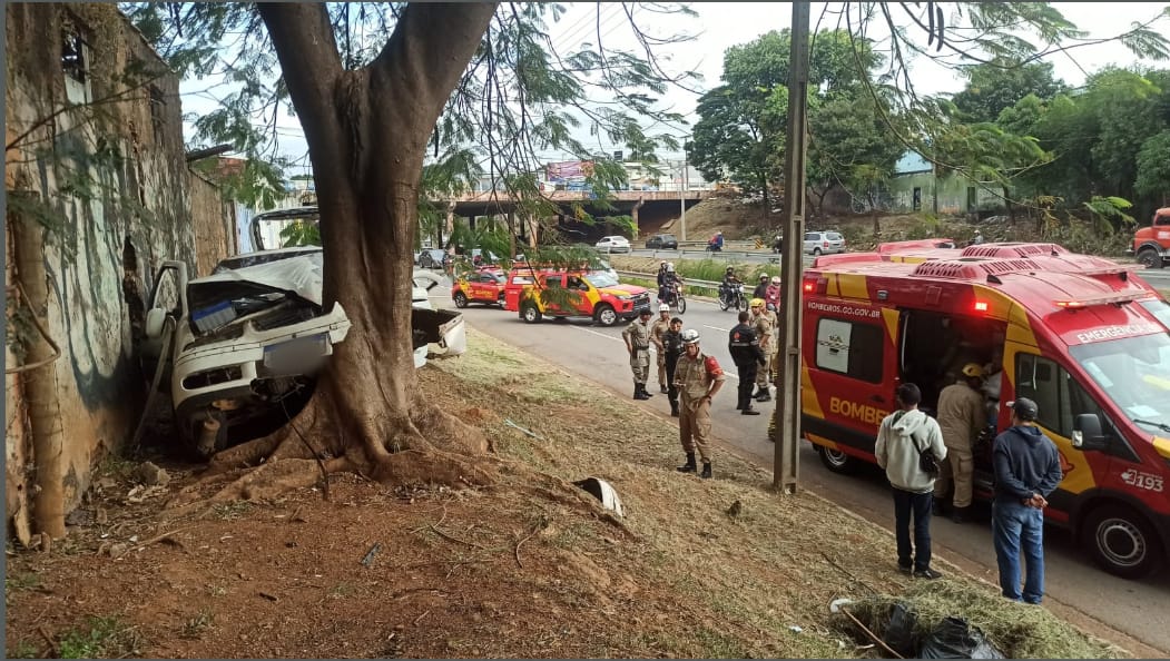 Carro sai da pista e bate em árvore na Marginal Botafogo