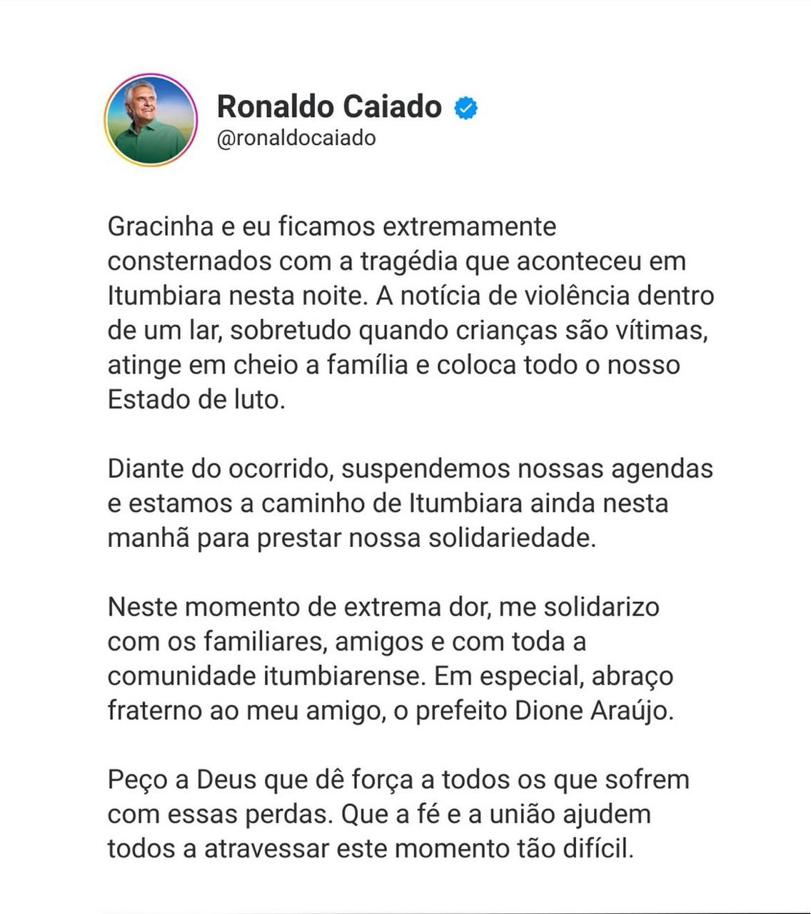 O governador havia usado as redes sociais para lamentar a tragédia