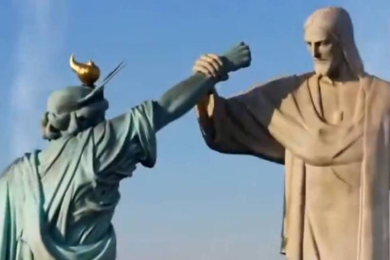 Vídeo com IA mostra Cristo Redentor derrotando Estátua da Liberdade em propaganda iraniana