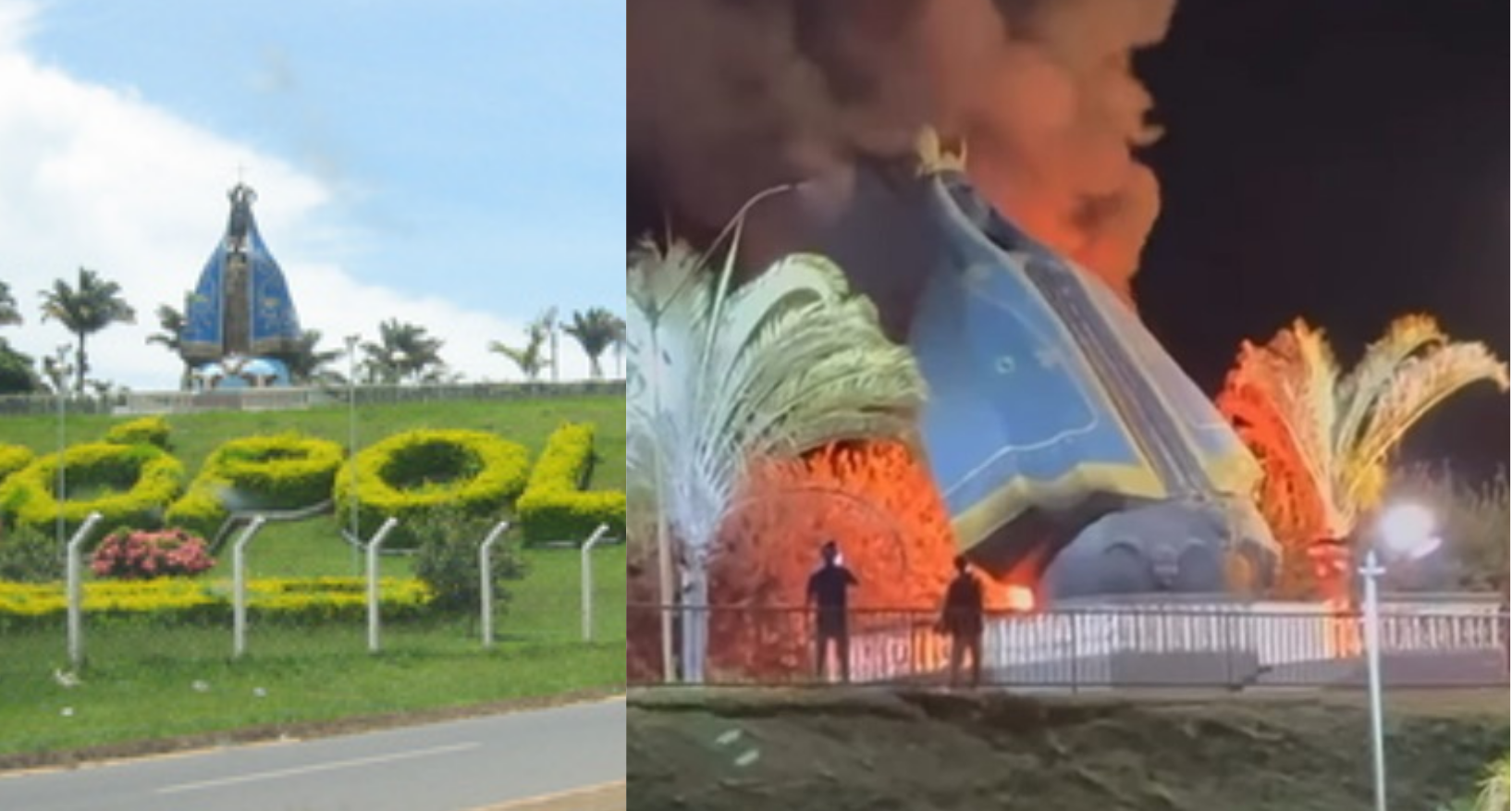 Imagem de Nossa Senhora Aparecida desaba e pega fogo na entrada de Nerópolis