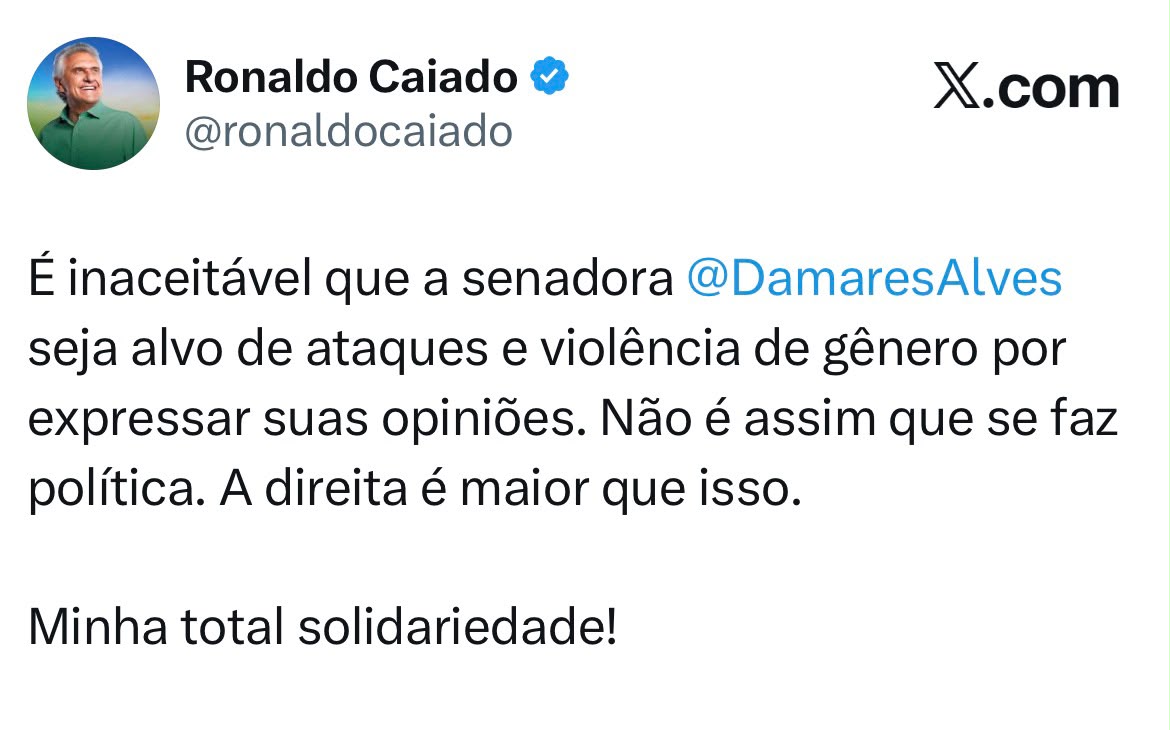Caiado presta solidariedade a Damares e critica ataques no campo da direita - Reprodução