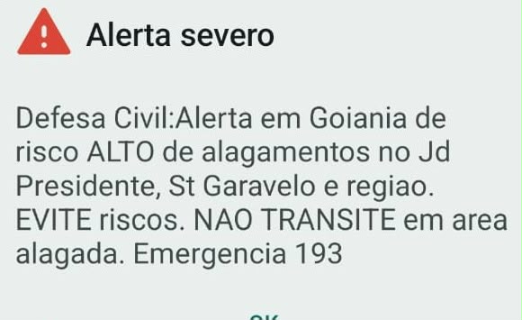 Defesa Civil emite alerta severo para Goiânia com risco de enxurradas e ventos fortes