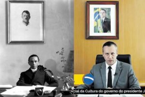 Comparação entre a montagem de cenário de Joseph Goebbels e o então secretário especial da Cultura do governo Bolsonaro, Roberto Alvim - Foto: Reprodução/Internet